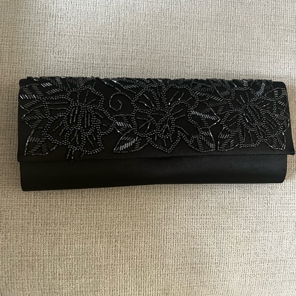 Black satin embroidered floral evening clutch